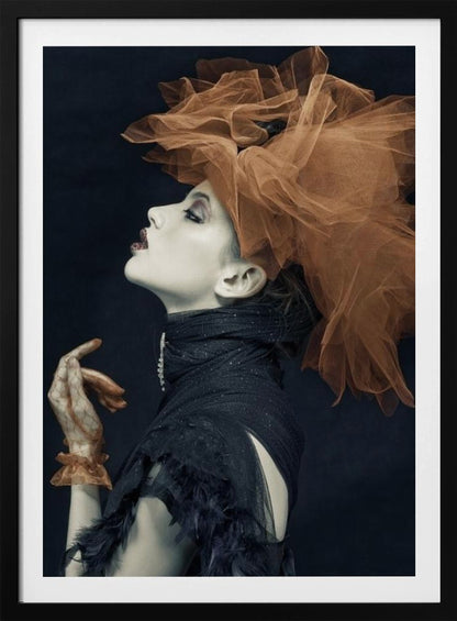 A dramatic profile portrait of a woman with pale skin against a black background, looking up. She wears an extravagant, voluminous orange tulle headpiece, a high-collared black feathered dress, and a matching orange glove. Poster