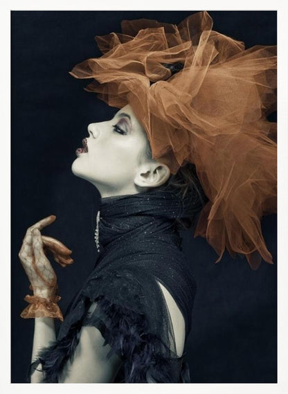 A dramatic profile portrait of a woman with pale skin against a black background, looking up. She wears an extravagant, voluminous orange tulle headpiece, a high-collared black feathered dress, and a matching orange glove. Poster