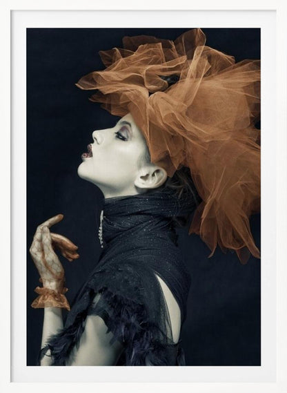 A dramatic profile portrait of a woman with pale skin against a black background, looking up. She wears an extravagant, voluminous orange tulle headpiece, a high-collared black feathered dress, and a matching orange glove. Poster