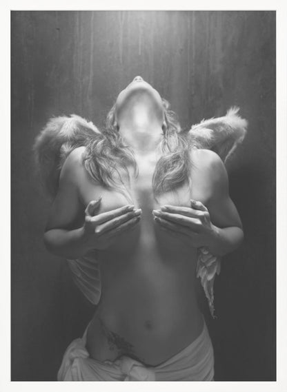 A dramatic black and white photograph of a topless woman with angel wings, her head tilted back towards a light from above. She is covering her breasts with her hands, and a white cloth is draped around her hips. Poster