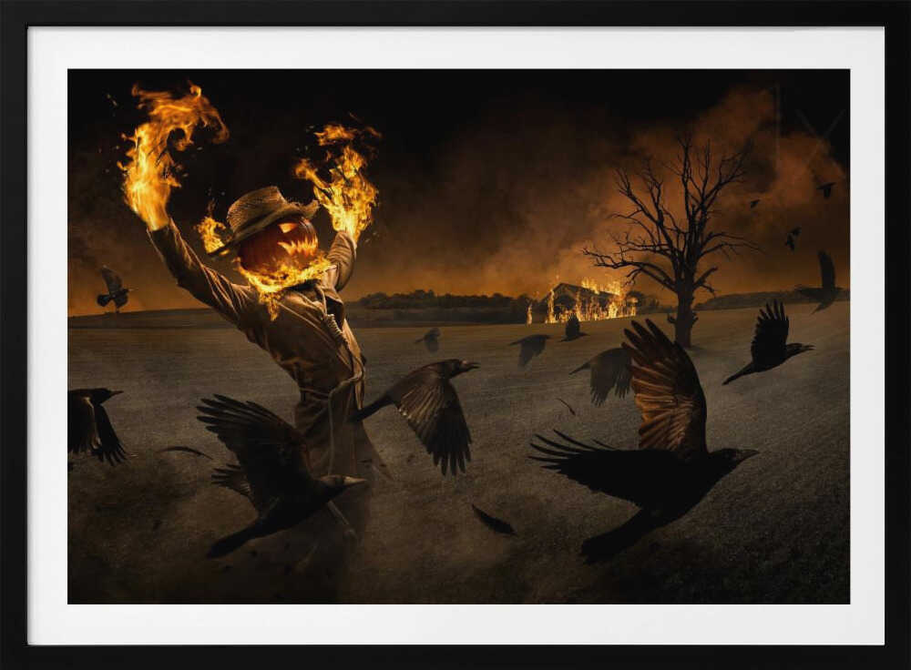 A terrifying scarecrow with a glowing jack-o'-lantern for a head stands in a dark field, its hands engulfed in flames raised towards the sky. A flock of black crows flies around it in a frenzy, while in the background, a barn burns under a dark, smoky orange sky. Wall Art