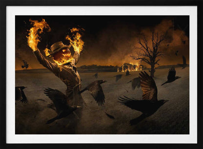 A terrifying scarecrow with a glowing jack-o'-lantern for a head stands in a dark field, its hands engulfed in flames raised towards the sky. A flock of black crows flies around it in a frenzy, while in the background, a barn burns under a dark, smoky orange sky. Wall Art