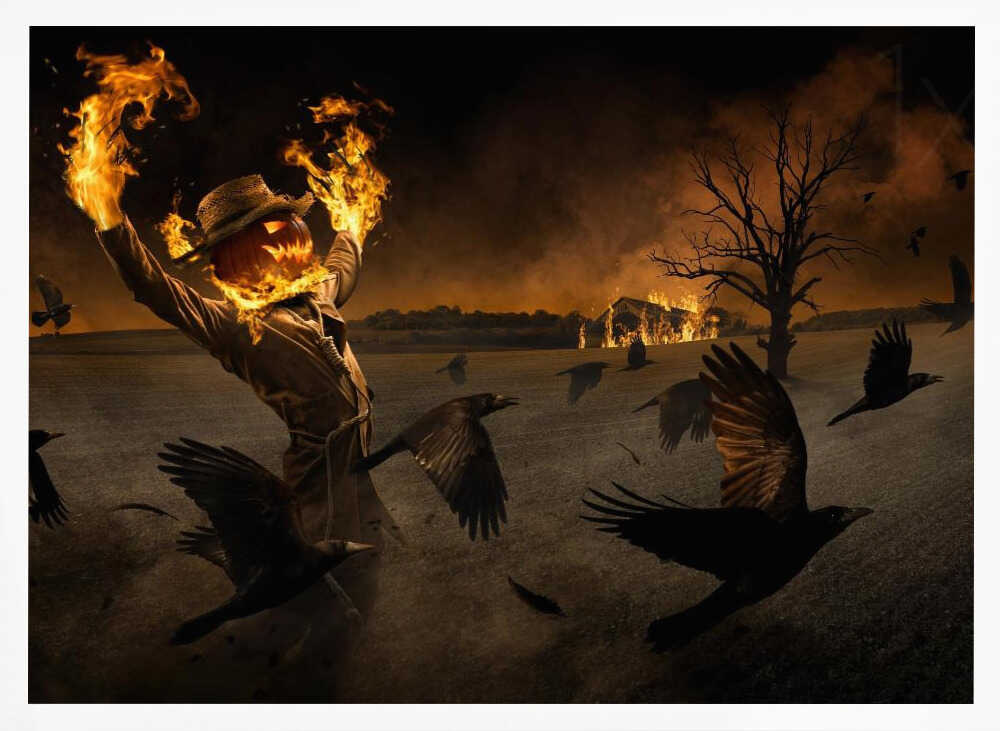 A terrifying scarecrow with a glowing jack-o'-lantern for a head stands in a dark field, its hands engulfed in flames raised towards the sky. A flock of black crows flies around it in a frenzy, while in the background, a barn burns under a dark, smoky orange sky. Wall Art