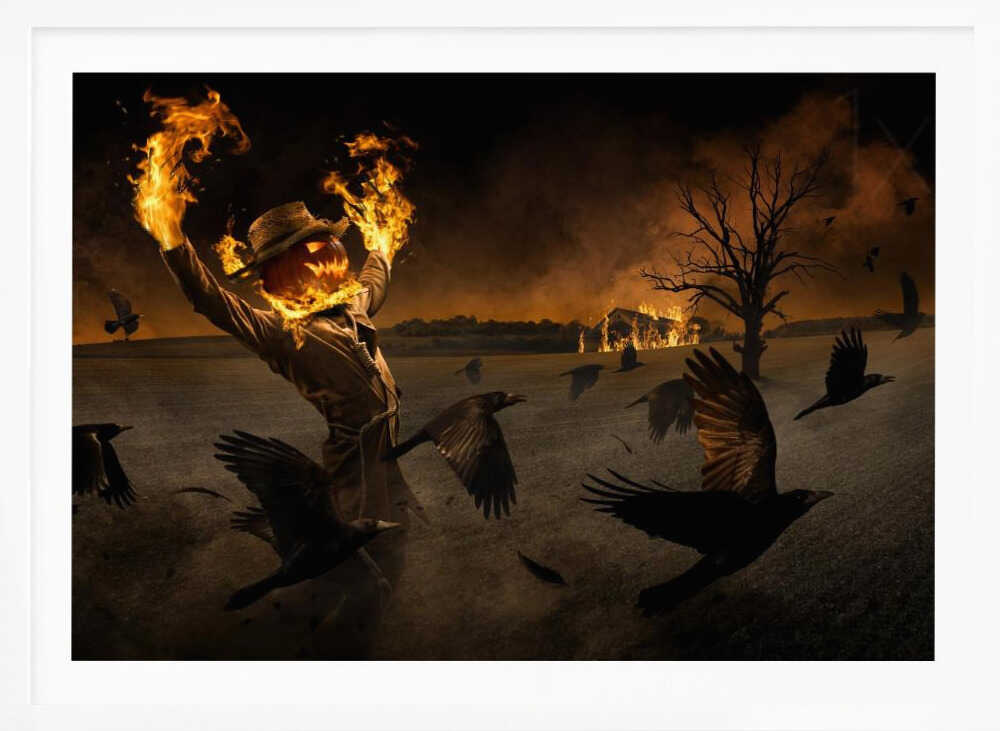 A terrifying scarecrow with a glowing jack-o'-lantern for a head stands in a dark field, its hands engulfed in flames raised towards the sky. A flock of black crows flies around it in a frenzy, while in the background, a barn burns under a dark, smoky orange sky. Wall Art