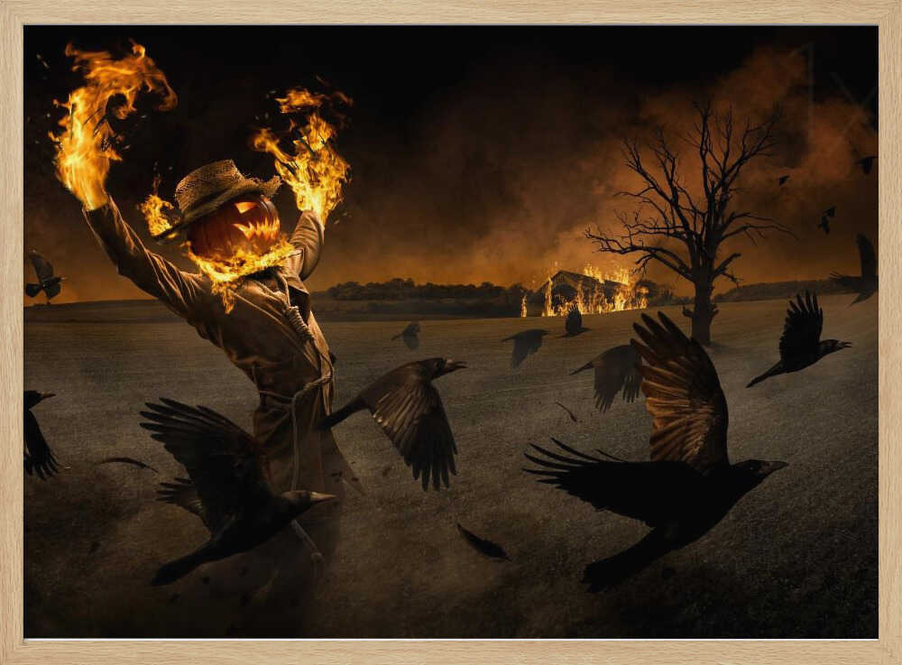 A terrifying scarecrow with a glowing jack-o'-lantern for a head stands in a dark field, its hands engulfed in flames raised towards the sky. A flock of black crows flies around it in a frenzy, while in the background, a barn burns under a dark, smoky orange sky. Wall Art