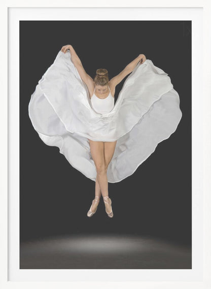 A high-angle studio photograph of a graceful ballet dancer suspended mid-air against a solid black background. She wears a white leotard and pointe shoes, with her legs crossed. Her arms are outstretched, holding a large, flowing white fabric that creates a shape like wings around her. Decor