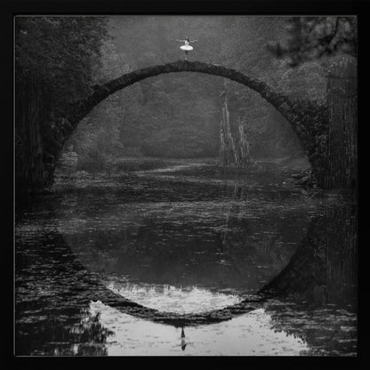 A framed black and white photograph of a ballerina in a white tutu standing at the peak of a semi-circular stone bridge. The bridge and the ballerina are perfectly reflected in the still water below, creating a full circle. The scene is set in a dark, misty forest, giving it a surreal and moody atmosphere. Artwork