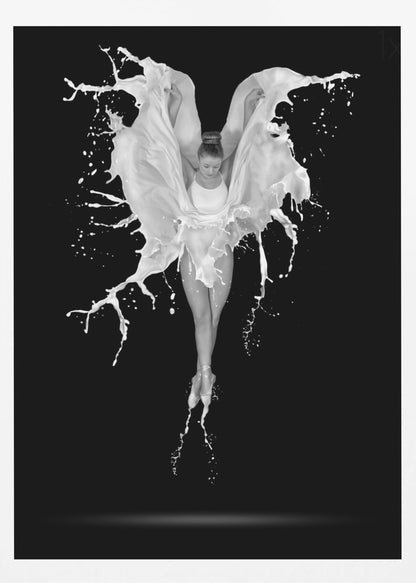 A dramatic black and white photograph of a ballerina suspended in mid-air against a black background. She is en pointe, and a dynamic splash of white liquid surrounds her, creating the illusion of wings. Artwork