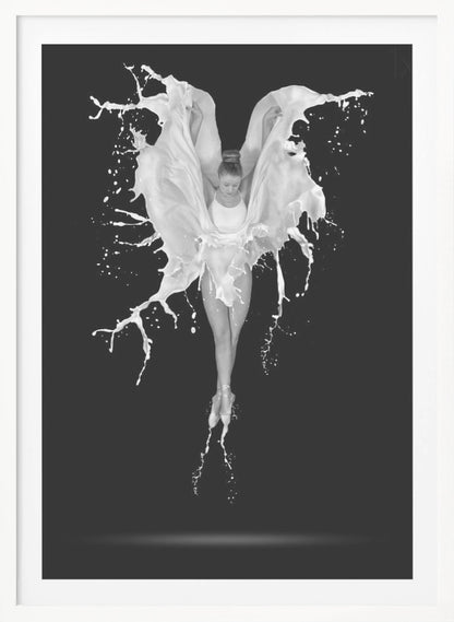 A dramatic black and white photograph of a ballerina suspended in mid-air against a black background. She is en pointe, and a dynamic splash of white liquid surrounds her, creating the illusion of wings. Artwork
