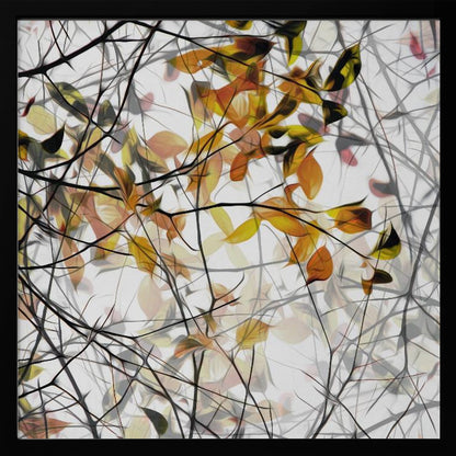 An abstract artwork in a light wood frame featuring a dense tangle of black and grey branches interwoven with soft, glowing autumn leaves in shades of orange and yellow against a white background. Poster