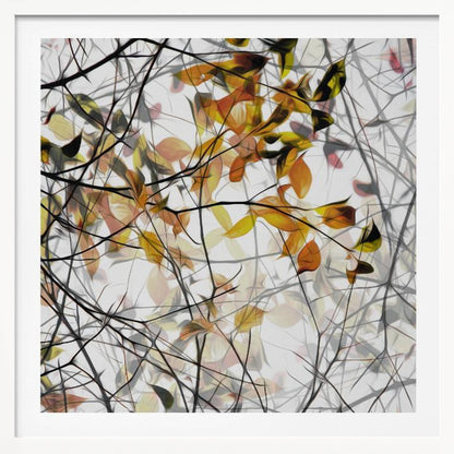An abstract artwork in a light wood frame featuring a dense tangle of black and grey branches interwoven with soft, glowing autumn leaves in shades of orange and yellow against a white background. Poster