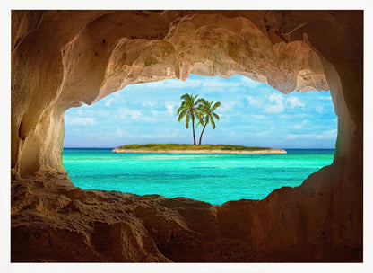 A framed artwork depicting a view from inside a rocky cave looking out at a small tropical island with two palm trees. The cave's natural arch frames the vibrant turquoise ocean and the bright blue sky, creating a sense of a hidden paradise. Artwork