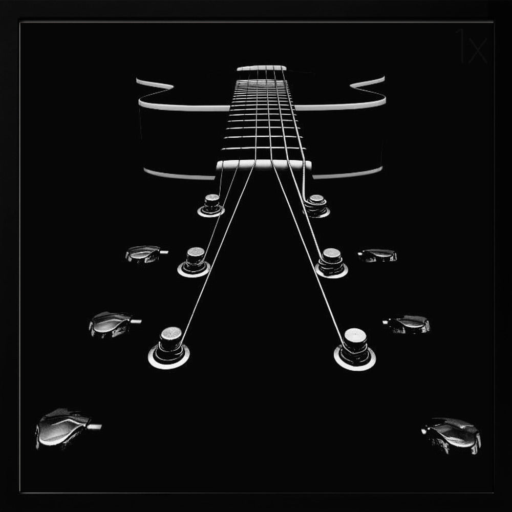 A dramatic, low-angle, black and white photograph of an electric guitar. The perspective looks up from the headstock, with the shiny tuning pegs and strings creating strong leading lines towards the fretboard and body, which are outlined in white against a solid black background. Poster