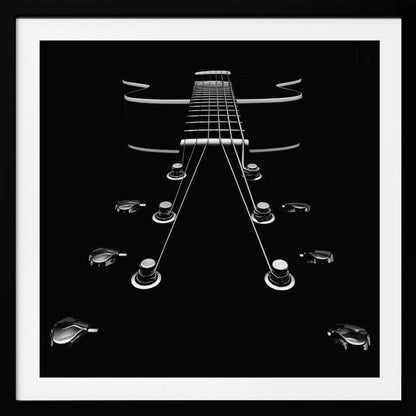 A dramatic, low-angle, black and white photograph of an electric guitar. The perspective looks up from the headstock, with the shiny tuning pegs and strings creating strong leading lines towards the fretboard and body, which are outlined in white against a solid black background. Poster