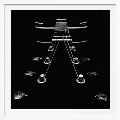 A dramatic, low-angle, black and white photograph of an electric guitar. The perspective looks up from the headstock, with the shiny tuning pegs and strings creating strong leading lines towards the fretboard and body, which are outlined in white against a solid black background. Poster