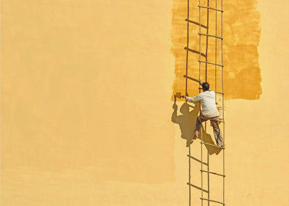 A man viewed from behind stands on a rope ladder, painting a large, bright yellow wall a slightly darker shade of yellow, casting a stark shadow in the bright sun. The image is presented within a silver frame. Decor