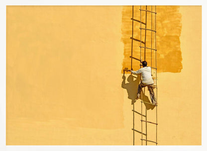 A man viewed from behind stands on a rope ladder, painting a large, bright yellow wall a slightly darker shade of yellow, casting a stark shadow in the bright sun. The image is presented within a silver frame. Decor