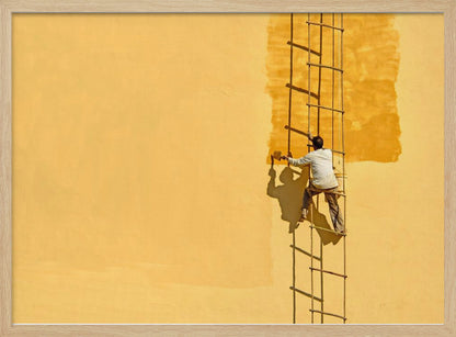 A man viewed from behind stands on a rope ladder, painting a large, bright yellow wall a slightly darker shade of yellow, casting a stark shadow in the bright sun. The image is presented within a silver frame. Decor
