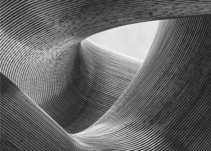 A framed, black and white abstract photograph of a swirling, textured structure. The low-angle shot looks up at curving walls made of thin, parallel lines, creating a dynamic sense of movement and depth, with an opening to a bright sky at the top. Artwork