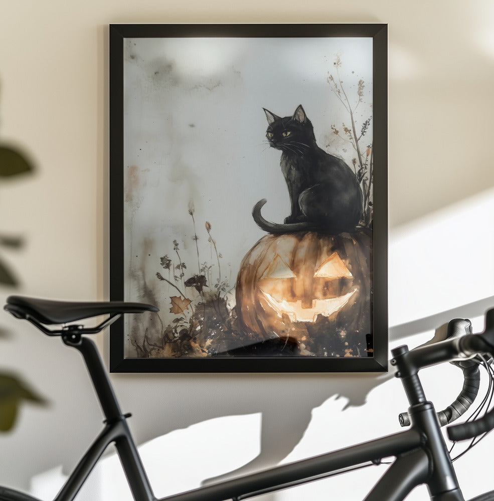 Balck Cat and Pumpkin Halloween Scene (2) - Poster / Art Print - interiör