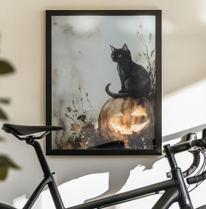 Balck Cat and Pumpkin Halloween Scene (2) - Poster / Art Print - interiör