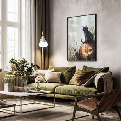 Balck Cat and Pumpkin Halloween Scene (2) - Poster / Art Print - interiör