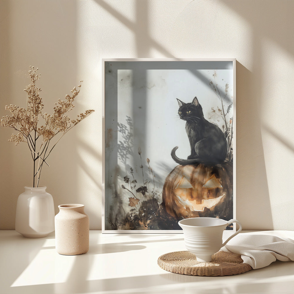 Balck Cat and Pumpkin Halloween Scene (2) - Poster / Art Print - interiör