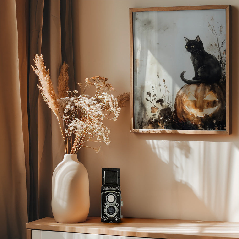 Balck Cat and Pumpkin Halloween Scene (2) - Poster / Art Print - interiör