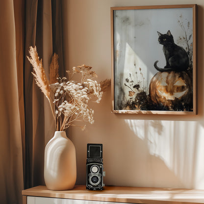 Balck Cat and Pumpkin Halloween Scene (2) - Poster / Art Print - interiör