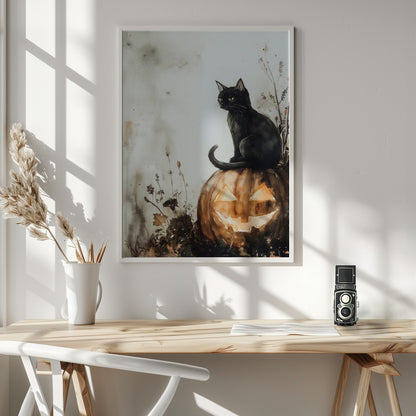 Balck Cat and Pumpkin Halloween Scene (2) - Poster / Art Print - interiör