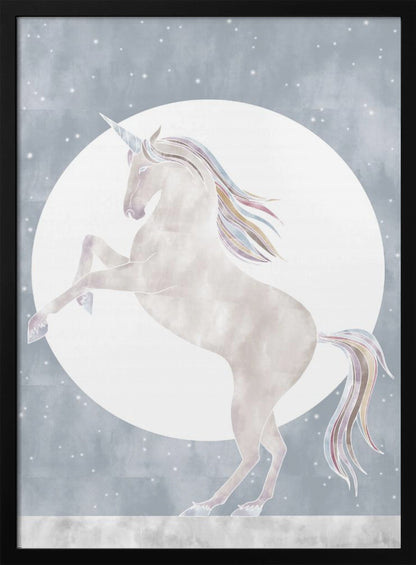 A whimsical illustration of a white unicorn rearing up on its hind legs in front of a large full moon. The unicorn's mane and tail are accented with pastel rainbow colors, set against a dusty blue, star-filled sky. Print