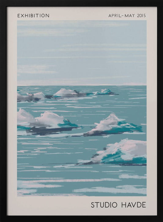 A framed exhibition poster from 'Studio Havde' dated April-May 2015. The artwork is a stylized, painterly seascape featuring white clouds or icebergs floating on a calm, teal-blue ocean under a pale sky. The piece is set within a wide, off-white border and a simple black frame. Wall Art