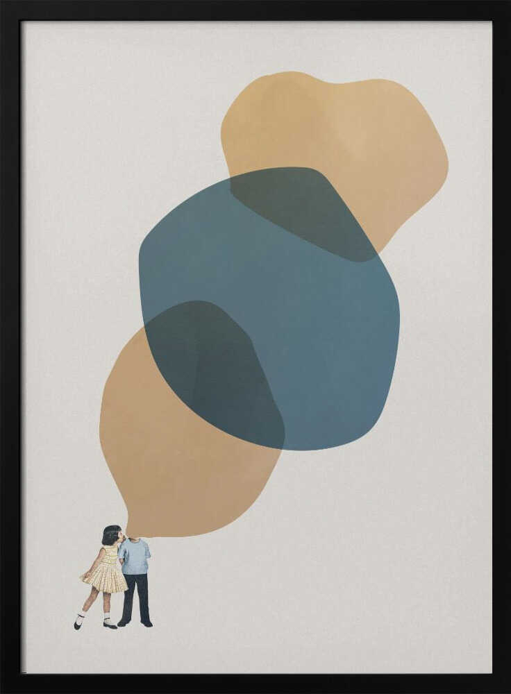 Abstract art with a vintage collage of a kissing couple below large, overlapping blue and beige shapes.