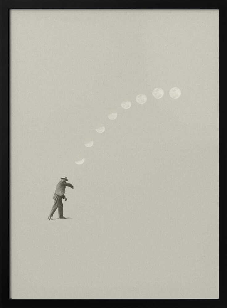 A man tosses the phases of the moon into the sky in a surreal, minimalist art piece.