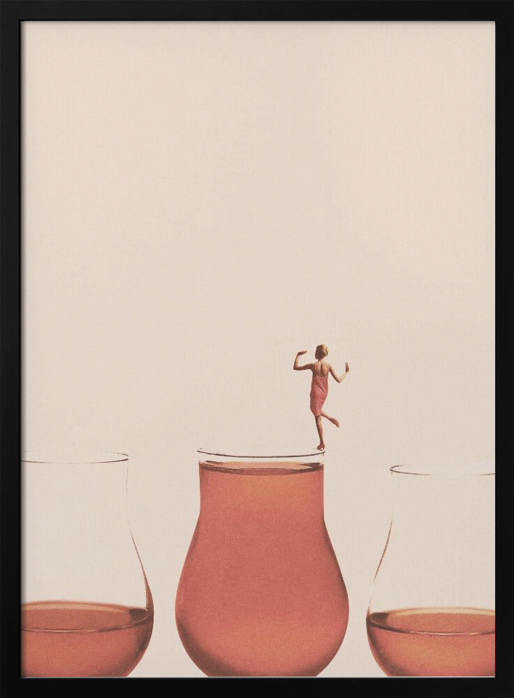 A minimalist and surreal art piece featuring a tiny woman in a pink dress dancing on the rim of a large glass filled with a pink liquid. The scene is set against a plain cream background with two other glasses partially visible. Artwork