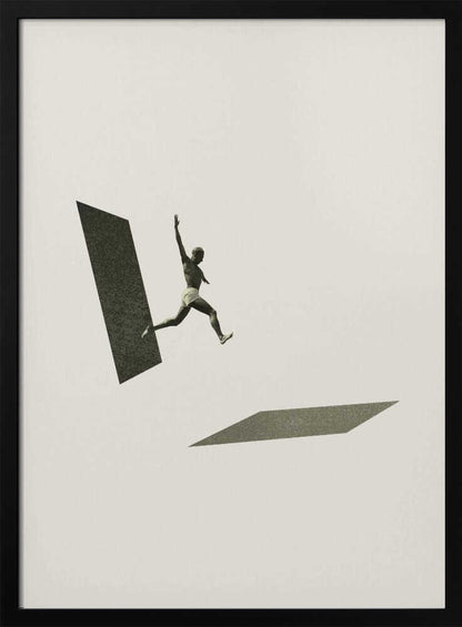 Vintage black and white collage of a person leaping between two geometric shapes.