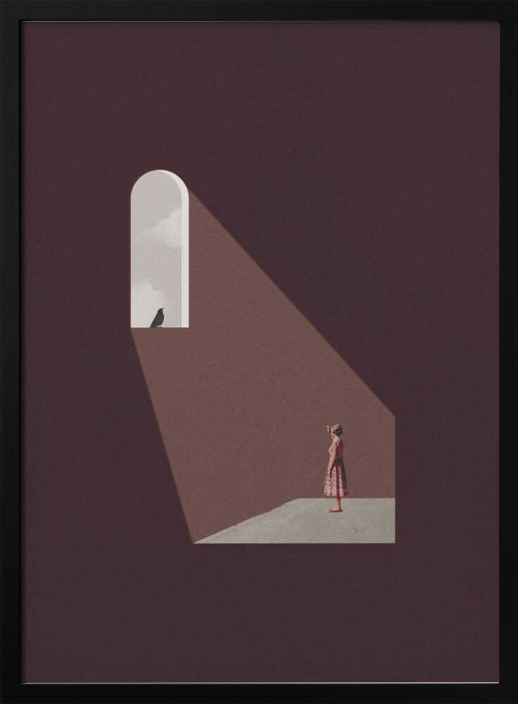 Minimalist art of a woman in a dark room, standing in a beam of light from an arched window with a bird.