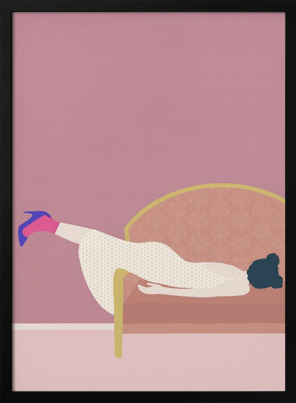 A minimalist illustration of a woman in a white polka-dot dress and a single blue high heel, lounging on a pink couch against a matching pink wall, all within a black frame. Decor