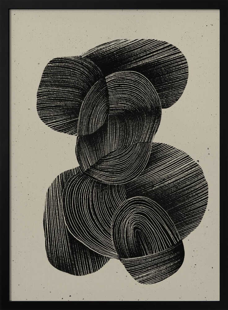 A framed abstract art print featuring a composition of interlocking, rounded organic shapes in black ink against a speckled beige background. The shapes are filled with dense, hand-drawn lines that follow their contours, creating a sense of texture and depth. The artwork is presented within a simple black frame. Wall Art