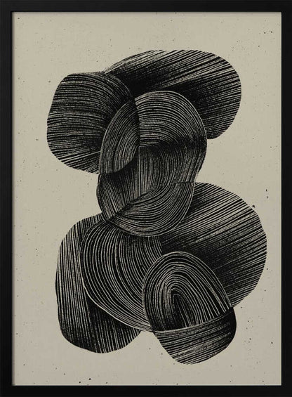 A framed abstract art print featuring a composition of interlocking, rounded organic shapes in black ink against a speckled beige background. The shapes are filled with dense, hand-drawn lines that follow their contours, creating a sense of texture and depth. The artwork is presented within a simple black frame. Wall Art