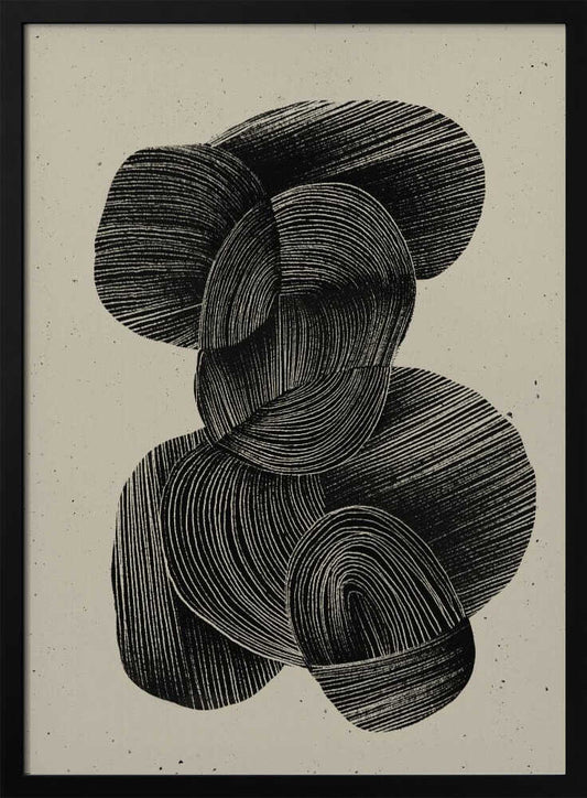 A framed abstract art print featuring a composition of interlocking, rounded organic shapes in black ink against a speckled beige background. The shapes are filled with dense, hand-drawn lines that follow their contours, creating a sense of texture and depth. The artwork is presented within a simple black frame. Wall Art