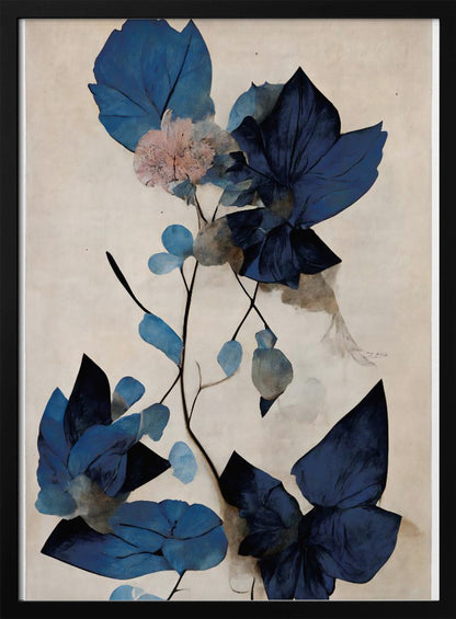 An abstract botanical artwork featuring large, angular leaves in various shades of deep and light blue. A single delicate pink flower blooms on a thin, dark stem against a textured, light cream background. The piece is displayed in a thin black frame. Artwork