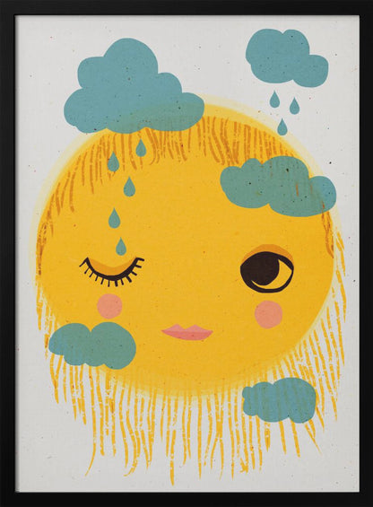A whimsical illustration of a large, round yellow sun with a friendly face. The sun is winking with one eye, has pink cheeks, and its rays are depicted as a shaggy fringe. Small, stylistic blue clouds float around it, with some dripping blue raindrops. Wall Art