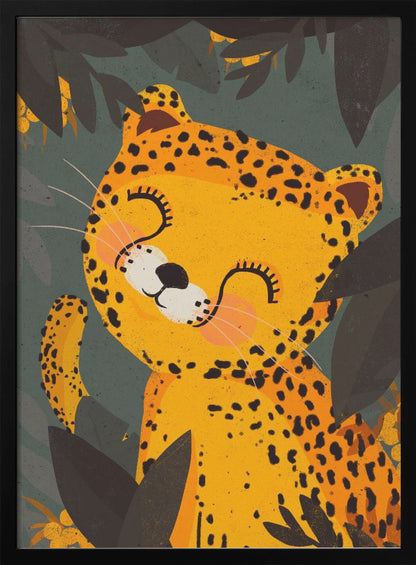 A cute, stylized illustration of a happy leopard with its eyes closed, smiling contentedly. The yellow and black-spotted leopard is surrounded by dark green and black jungle foliage. Decor
