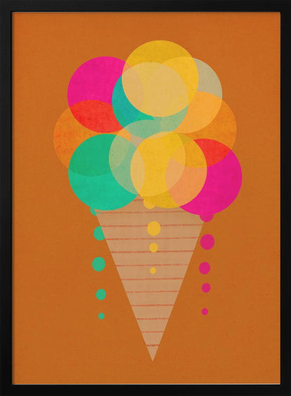 A modern graphic art print of an ice cream cone on a burnt orange background. The ice cream is composed of multiple overlapping, translucent circles in bright pink, yellow, and teal, with drips falling down the sides of a patterned cone. Print