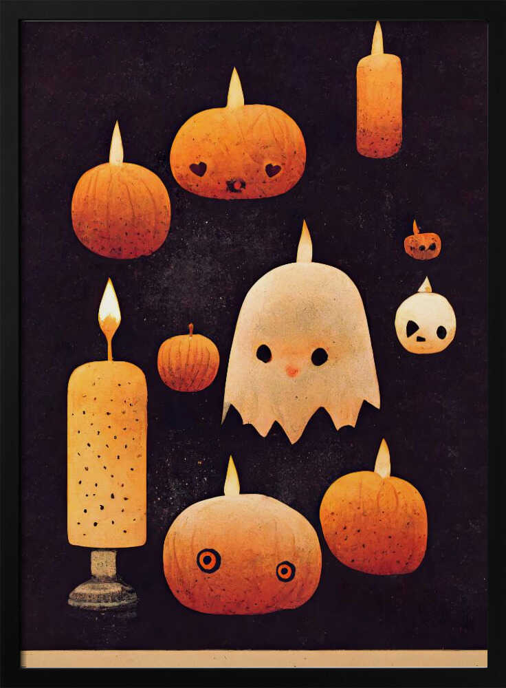 A whimsical Halloween illustration featuring a cute white ghost and several orange pumpkins with carved faces, all lit like candles with flames on their heads. The characters are set against a dark, textured background, creating a charming and spooky scene. Artwork