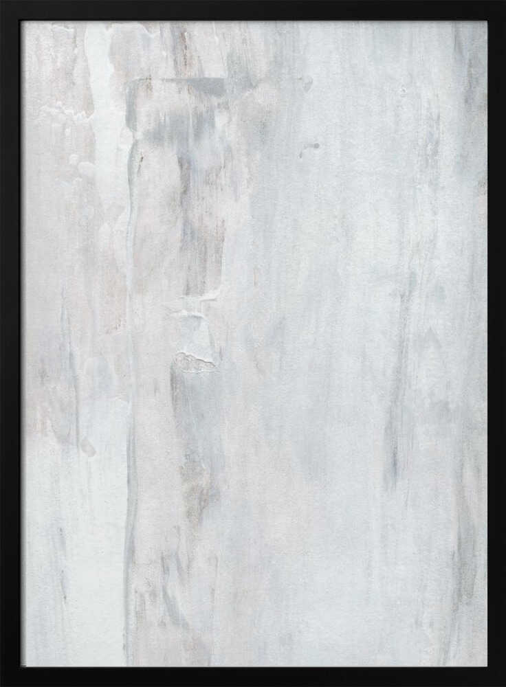 Abstract painting with textured white and grey vertical strokes, creating a distressed, minimalist look.