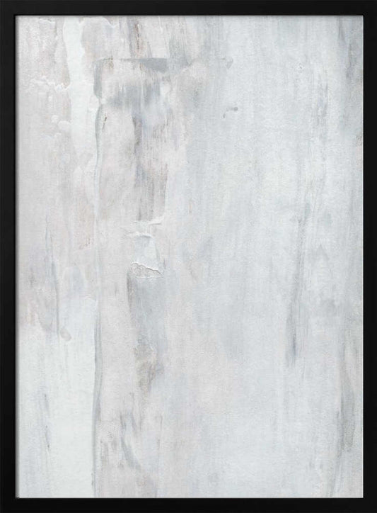 Abstract painting with textured white and grey vertical strokes, creating a distressed, minimalist look.