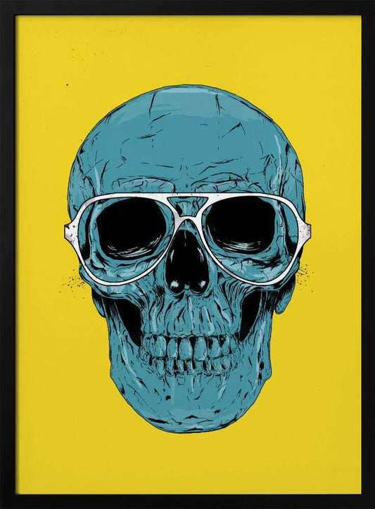 A pop art illustration of a blue human skull wearing white-framed glasses against a solid yellow background, enclosed in a black frame. Wall Art