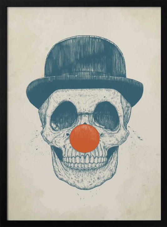 An illustration of a human skull wearing a blue bowler hat and a bright orange clown nose, rendered in a blue sketch style against a cream-colored, textured background. Wall Art